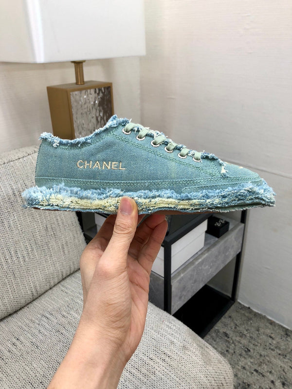 CC Sneaker Turquoise Fringe Denim Fabric
