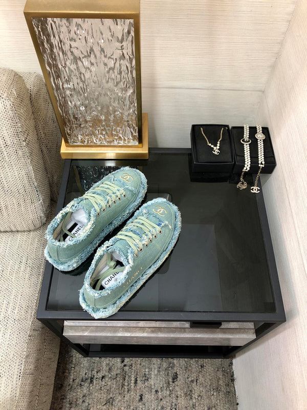 CC Sneaker Turquoise Fringe Denim Fabric