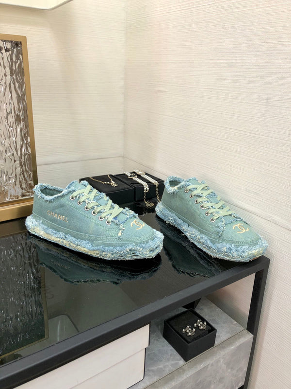CC Sneaker Turquoise Fringe Denim Fabric