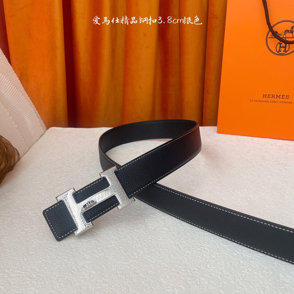HM Silver Buckle H Belt 38mm Black Calfskin 187186