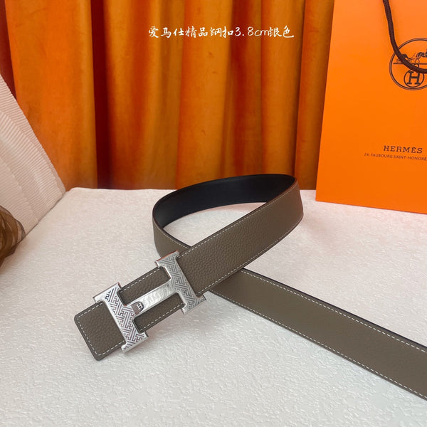 HM Silver Buckle H Belt 38mm Etoupe Calfskin 187184