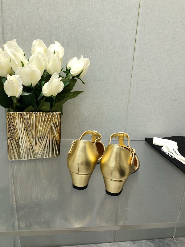 CAMELLIA CAP JANE SANDALS IN GOLD MIX BLACK LAMBSKIN