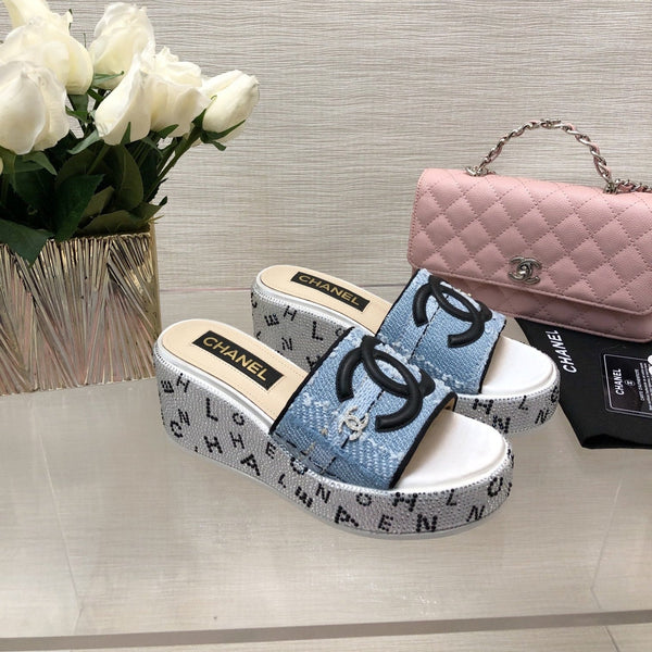 CC 25C Platform Slide Sandals Steed Blue Fabric 213131