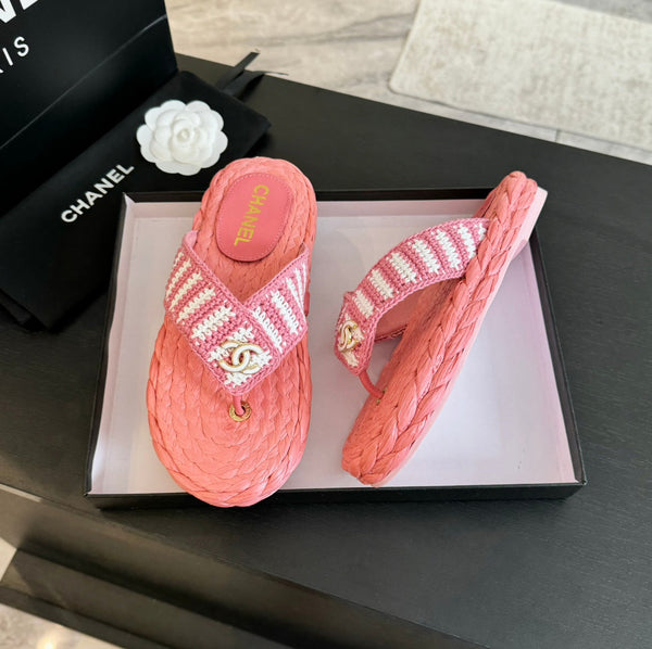 cc thong sandal striped pink white satin fabric