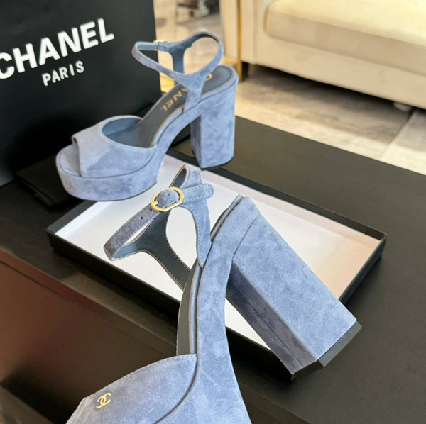 HIGH HEEL PLATFORM SANDALS IN PIGEON BLUE SUEDE