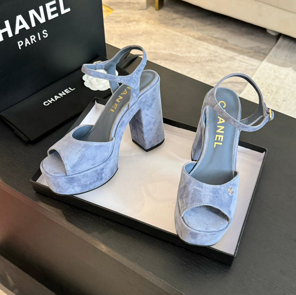 HIGH HEEL PLATFORM SANDALS IN PIGEON BLUE SUEDE