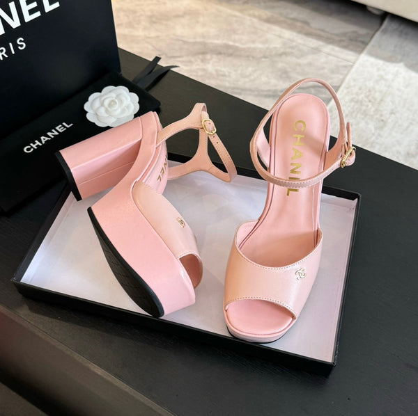 HIGH HEEL PLATFORM SANDALS IN PEACH PINK CALFSKIN