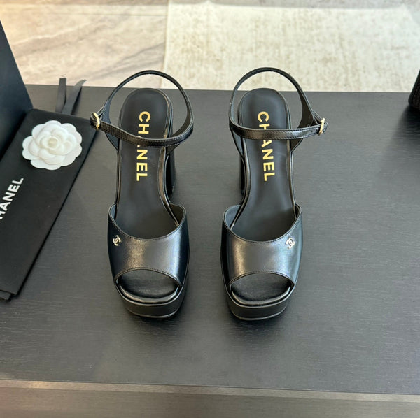 HIGH HEEL PLATFORM SANDALS IN BLACK CALFSKIN