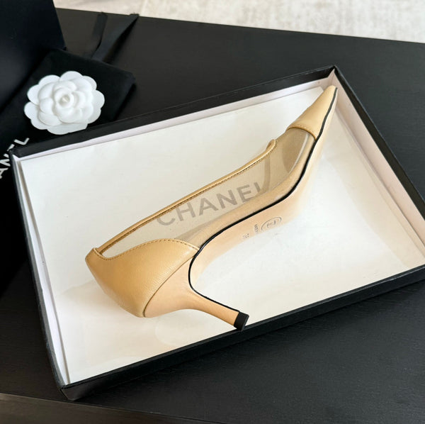 cc pump 65 beige tessuto trasparente pelle di agnello