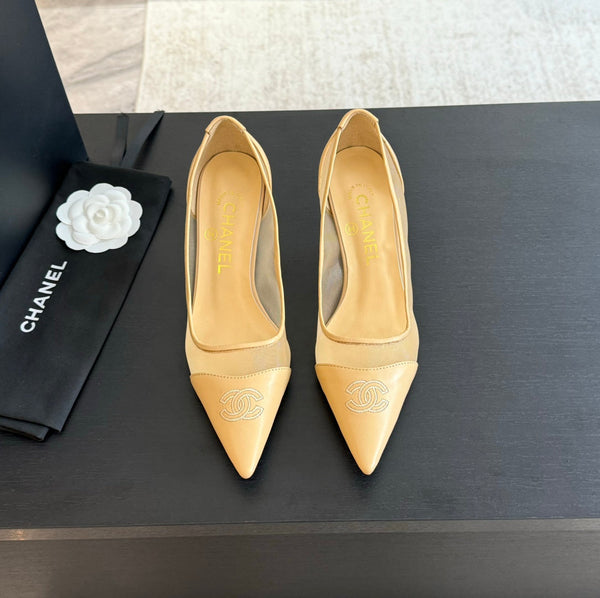 cc pump 65 beige tessuto trasparente pelle di agnello