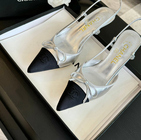 cc slingbacks 65 fiocco argento metallizzato pelle di agnello grosgrain nero