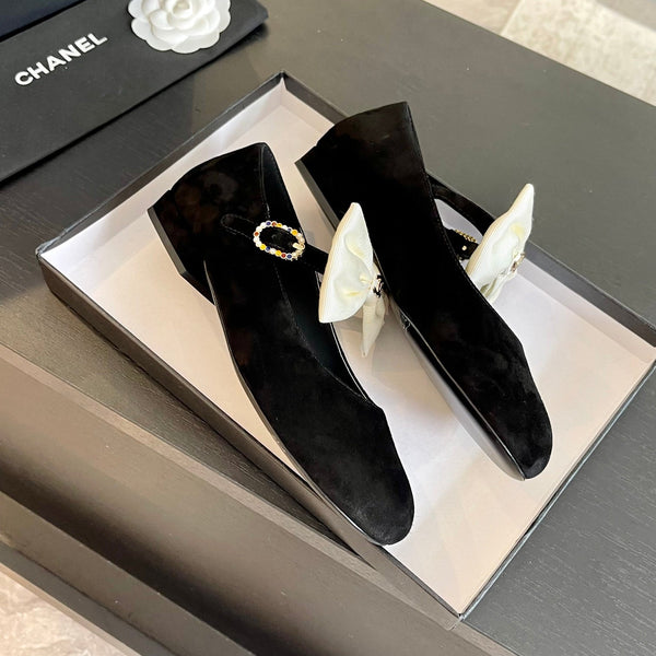 BALLERINA IN PELLE SCAMOSCIATA NERA CON FIOCCO BIANCO