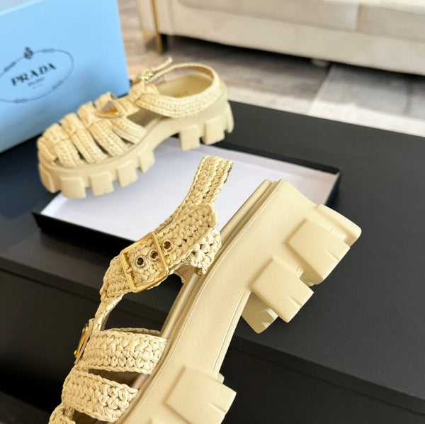 PRA MONOLITH CROCHET CAGE SANDALS PASTEL YELLOW LAMBSKIN