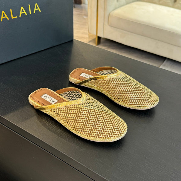 mulo piatto in rete color oro metallizzato in pelle di agnello