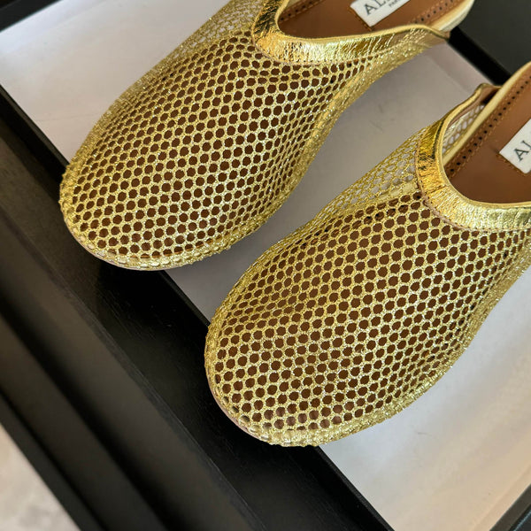 mulo piatto in rete color oro metallizzato in pelle di agnello