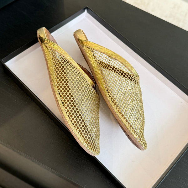 mulo piatto in rete color oro metallizzato in pelle di agnello