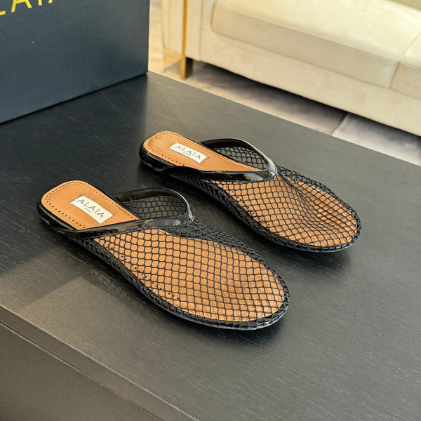 mulo piatto a rete in pelle di agnello nera