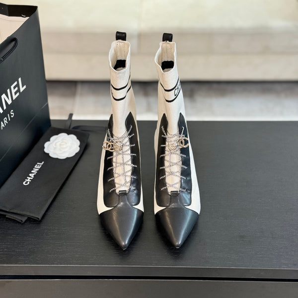 CC Ankle Boots White Black Chain Wool And Lambskin