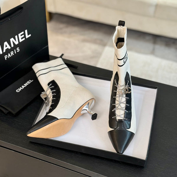 CC Ankle Boots White Black Chain Wool And Lambskin