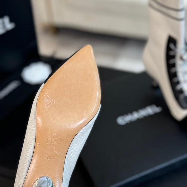 CC Ankle Boots White Black Chain Wool And Lambskin