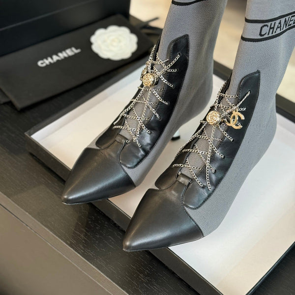 CC Ankle Boots Grey Black Chain Wool And Lambskin