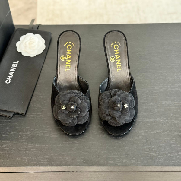 mule sandal flower high heel 80 black suede