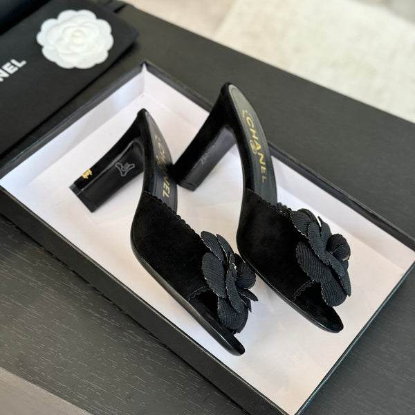 mule sandal flower high heel 80 black suede