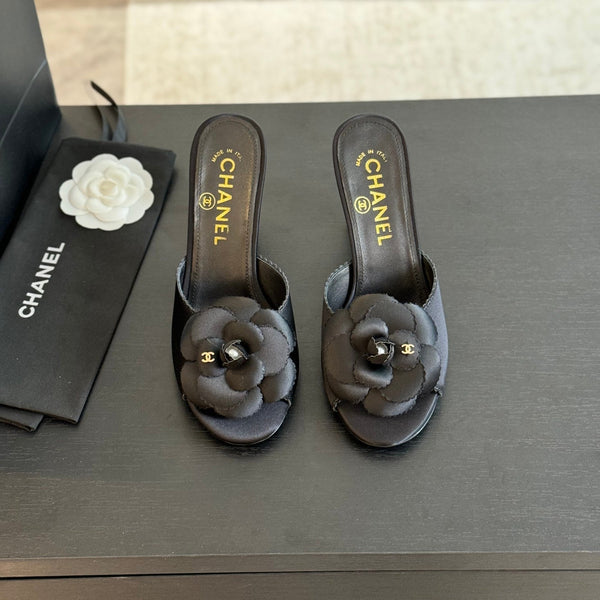 mule sandal flower high heel 80 black satin