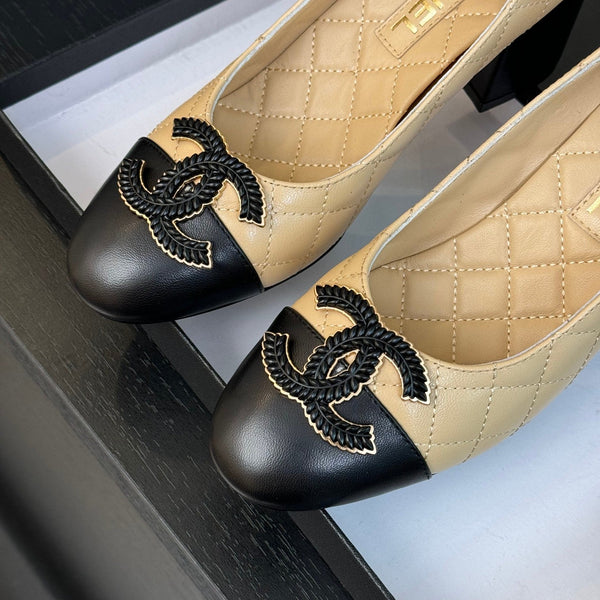 ballet flat with high heel 7cm beige black quilted lambskin