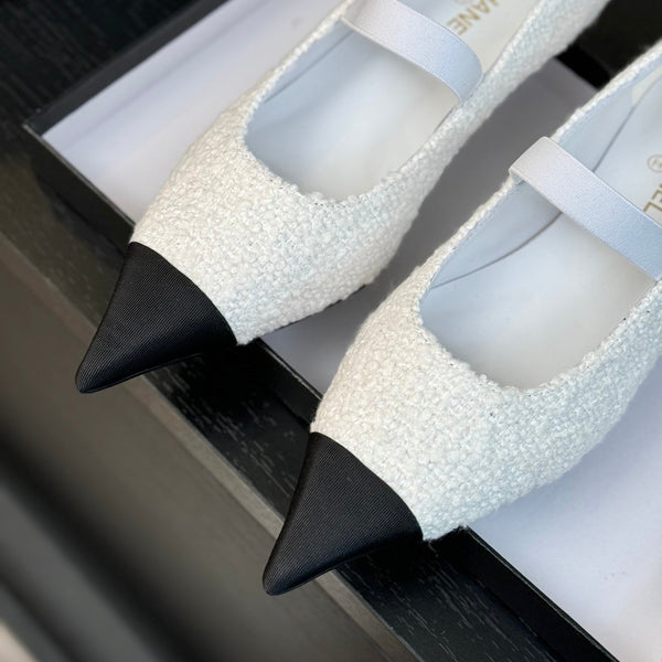 mary jane 35 pointed toe white tweed black grosgrain