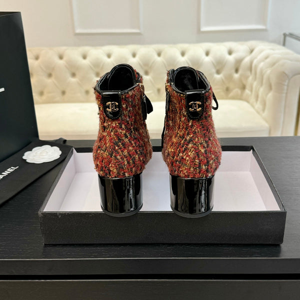 CC Ankle Boots Orange Red Beaded Tweed Fabric And Lambskin