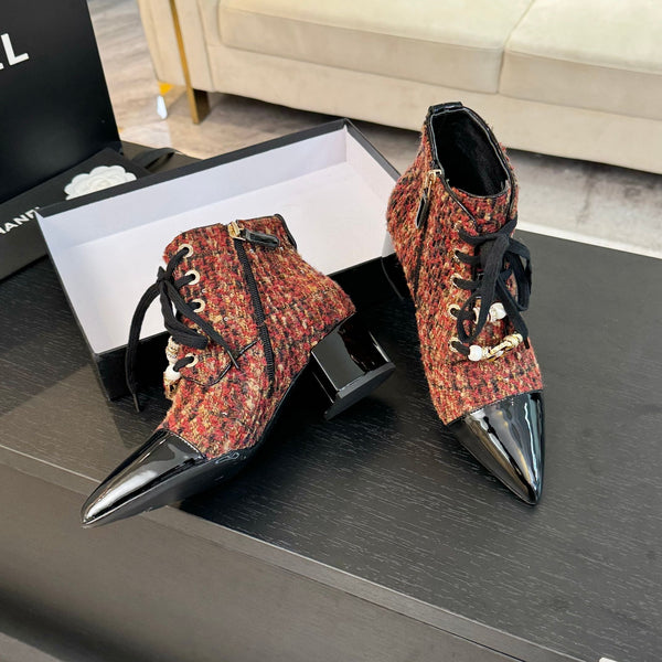 CC Ankle Boots Orange Red Beaded Tweed Fabric And Lambskin