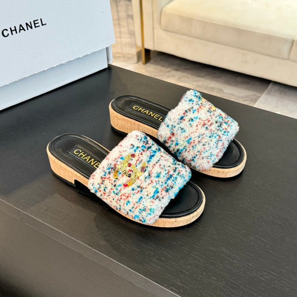 CC Slippers White Black And Blue Red Wool And Calfskin