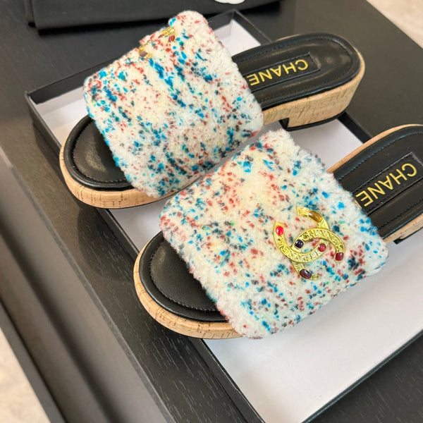 CC Slippers White Black And Blue Red Wool And Calfskin