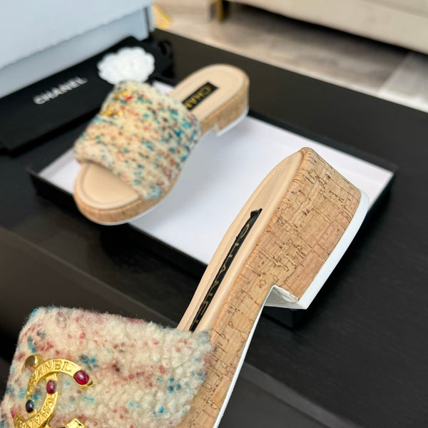 CC Slippers Beige Mix Blue Red Wool And Calfskin