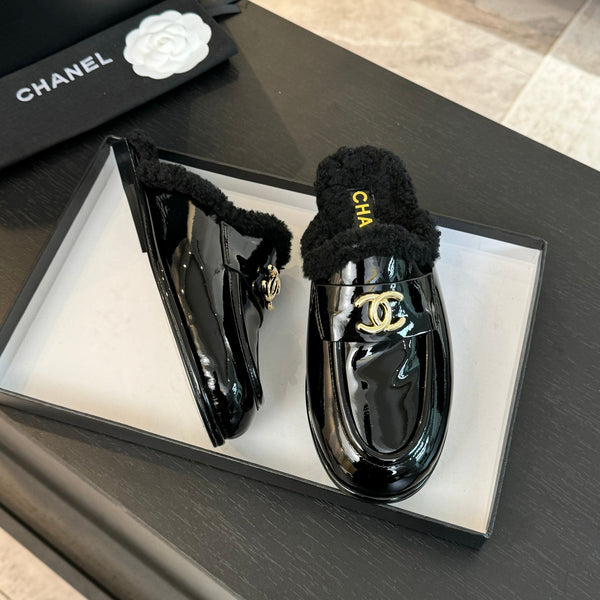 CC Mule Black Patent Calfskin Lamb Wool