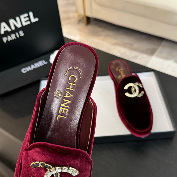 CC Mule Dark Red Velvet Double C Diamond