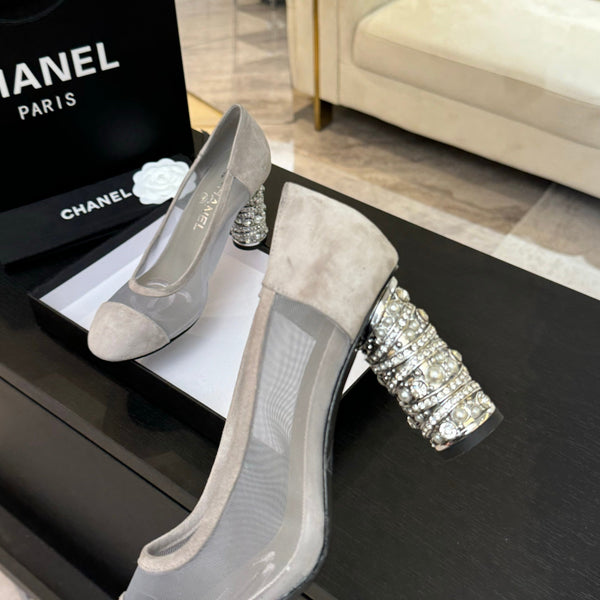 HIGH HEEL 85 MM SANDALS IN PALE GRAY SUEDE AND MESH