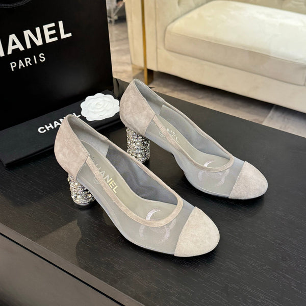 HIGH HEEL 85 MM SANDALS IN PALE GRAY SUEDE AND MESH