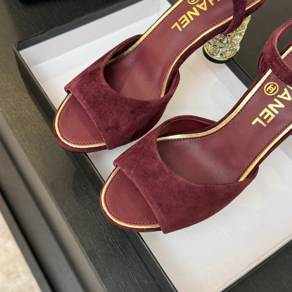 T-STRAP PEARL HEEL 85 MM SANDALS IN SANGRIA RED SUEDE