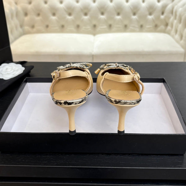 HIGH HEEL SLINGBACKS 65 MM IN FLAX YELLOW WITH SNAKESKIN PATTERN LAMBSKIN