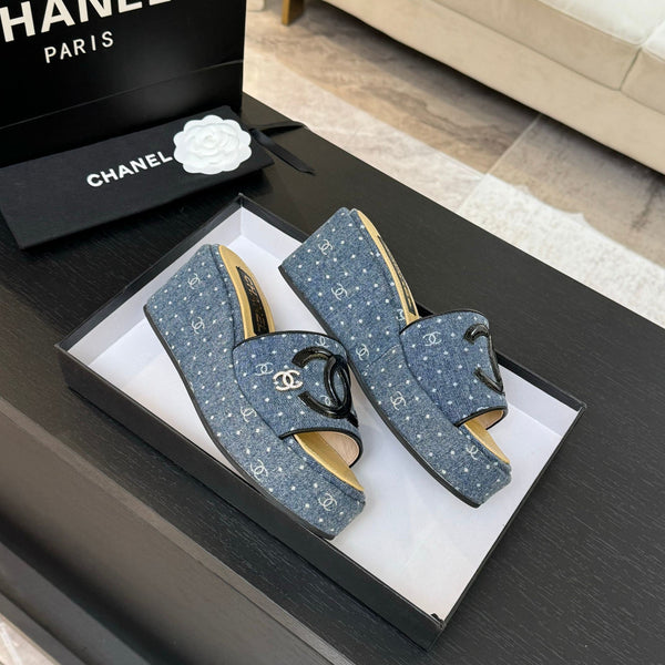 CC 25C Platform Slide Sandals Navy Blue Fabric 213158