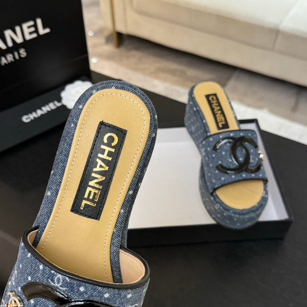 CC 25C Platform Slide Sandals Navy Blue Fabric 213158