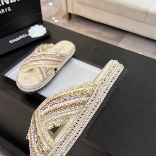 CC 25C Thick-Soled Slipper In Black Denim Navajo White Fabric 213233