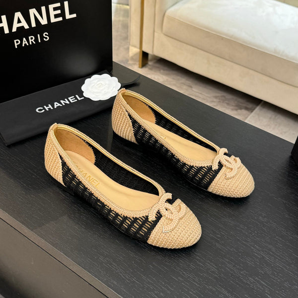CC 25P Ballet Flat Black Beige Raffia Large Logo