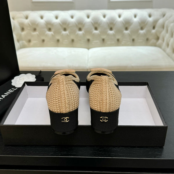 CC 25P Ballet Heel 50mm Black Beige Raffia Large Logo