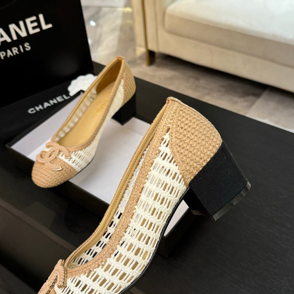 CC 25P Ballet Heel 50mm White Beige Raffia Large Logo