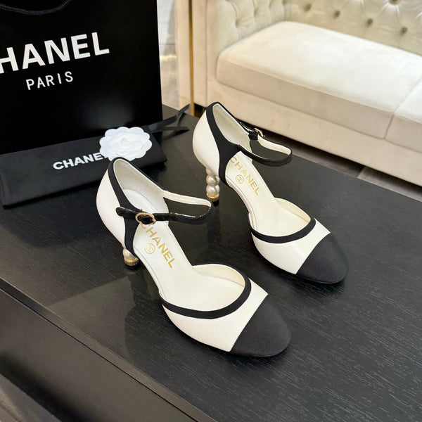 CC 25S Slingback 85mm Pelle di vitello bianca Grosgrain nero