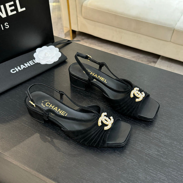 CC 25S Sandal Heel 50mm Black Suede Kidskin Pearl Logo