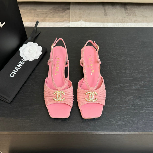 CC 25S Sandal Heel 50mm Pink Suede Kidskin Pearl Logo